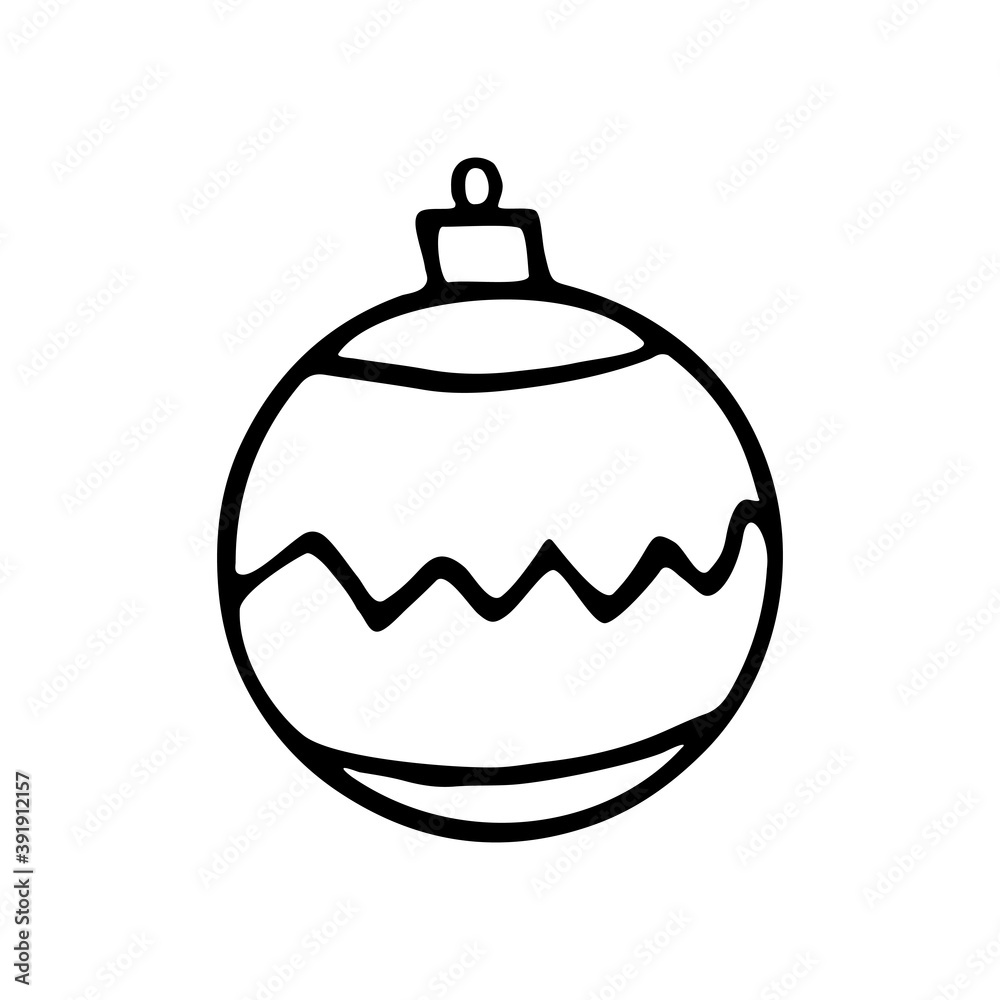 Obraz premium Vector Christmas outline tree ball. Element of New year and xmas design in doodle style, isolated. Simple hand drawn illustration for greeting cards, calendars, prints, childrens coloring book