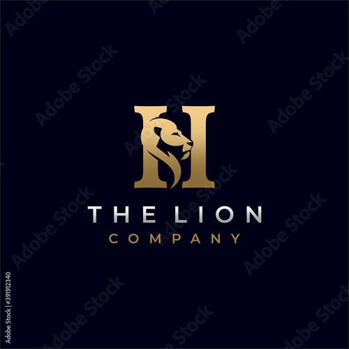 Letter H Lion Head , Elegant Luxury Initial Logo Design Vector