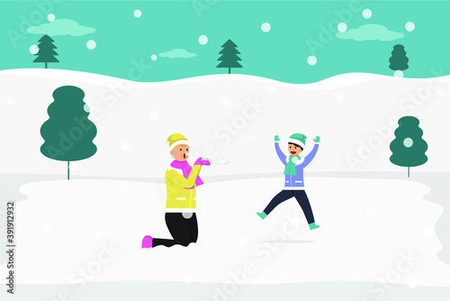 Winter holiday vector concept: Grandmother and grandson blowing snow in the park while enjoying leisure time