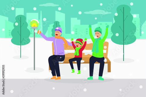 bench, cartoon, character, christmas, city, concept, female, fun, grandchild, grandfather, grandmother, grandparents, grandson, happy, hat, holiday, illustration, leisure, male, man, mature, old, outd
