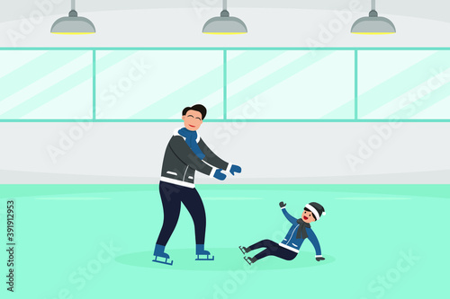 adult, arena, boy, cartoon, character, child, childhood, concept, enjoy, fall, family, father, fatherhood, frozen, fun, hat, help, holiday, ice, illustration, indoor, kids, learn, leisure, little, mal