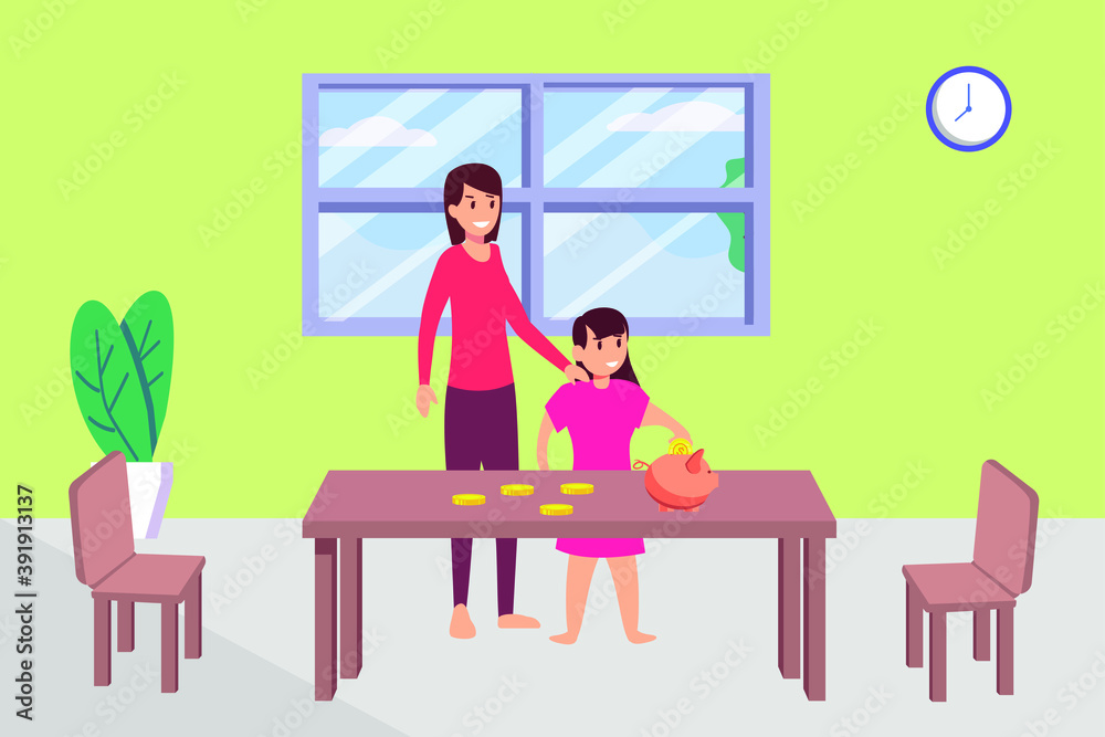 Saving money vector concept: Little daughter saving money on piggy bank with her mother at home