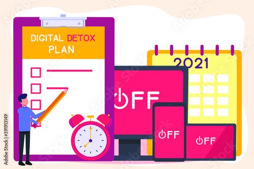 Digital Detox vector concept: Man writing Digital Detox plan on the clipboard with turned off mobile phone, tablet, and monitor on the background