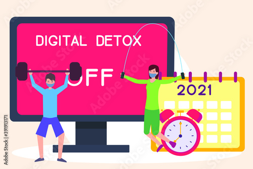 Digital Detox vector concept: People in face mask doing a digital detox by exercising with turned off monitor background and 2021 new year calendar