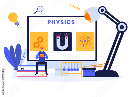 Physics vector concept: Male student reading a book while sitting on the book with physics lesson on the computer monitor