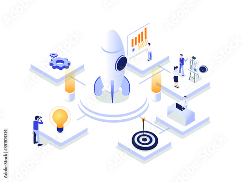 Isometric startup project vector concept: Business team working together to develop startup project