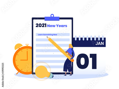 New Year Resolution vector concept: Woman writing 2021 new year resolution list to learn something new
