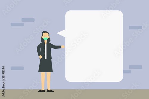 Copyspace vector concept: Businesswoman wearing facemask standing next to a blank text bubble for your text