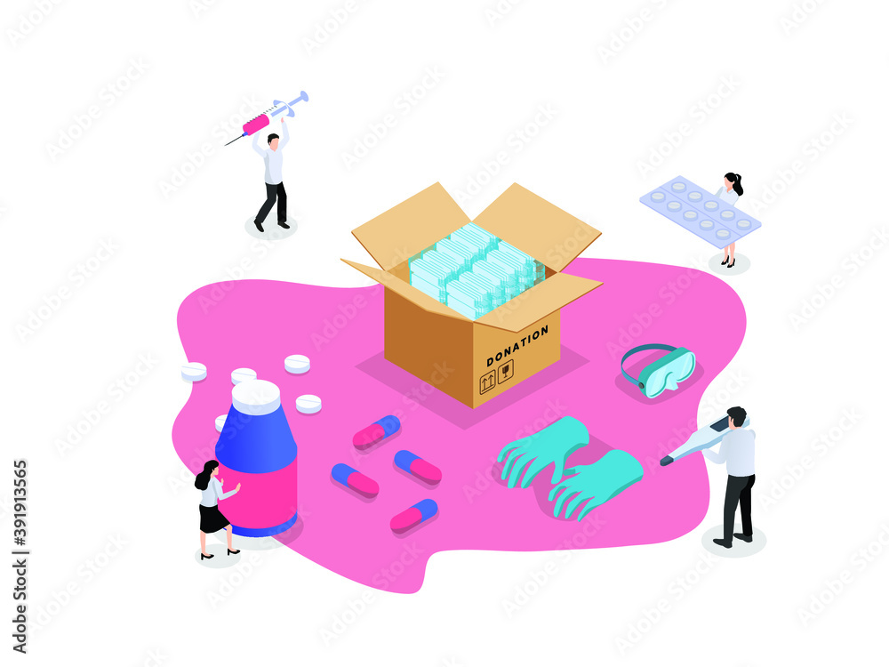 Drugs medical donation flat isometric vector concept: Volunteers donating their food into a donation box on white background
