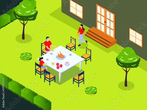Garden party isometric vector concept: Mother preparing BBQ party on the backyard
