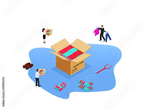 Clothing donation flat isometric vector concept: Volunteers donating their clothes into a donation box on white background