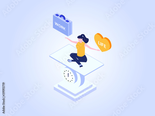 Work and life vector concept: Woman meditating on a scale balancing work and life