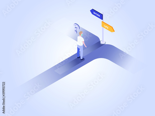 Work and Life management vector concept: Man wearing facemask on a crossroad confused choosing work or life during pandemic