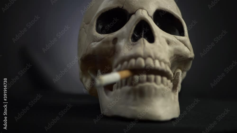 Human skull with cigarette on dark background medium panning shot Human skull with cigarette on dark background medium panning shot