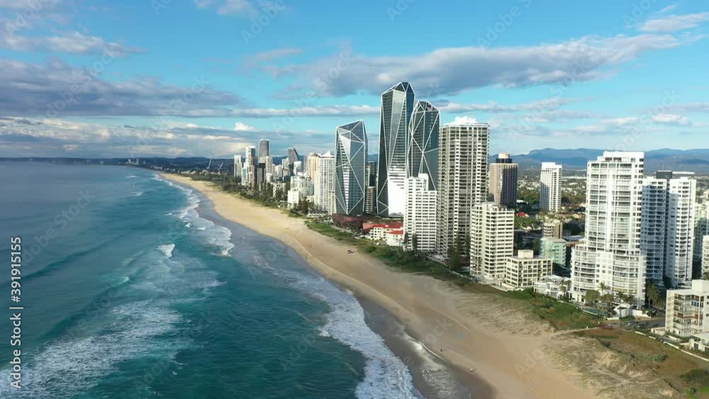 Flying down along golden Gold Coast beaches, Broadbeach, Australia Flying down along golden Gold Coast beaches, Broadbeach, Australia