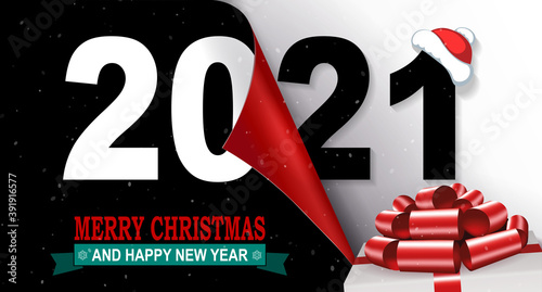 Happy new year 2021 christmas composition, white box lid with red bow, folded red tint leaf with gradient