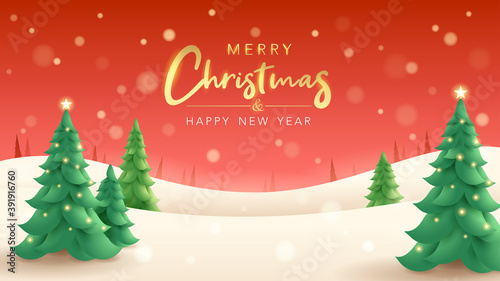 Merry Christmas. Vertical winter landscape background with Christmas tree.