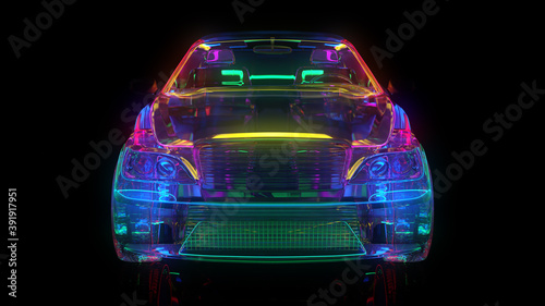 Glass car with neon lighting. The edges of the car are highlighted