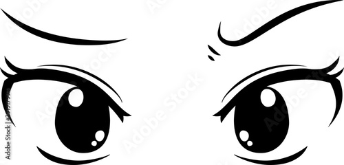 Cute anime-style big black eyes with a suspicious expression