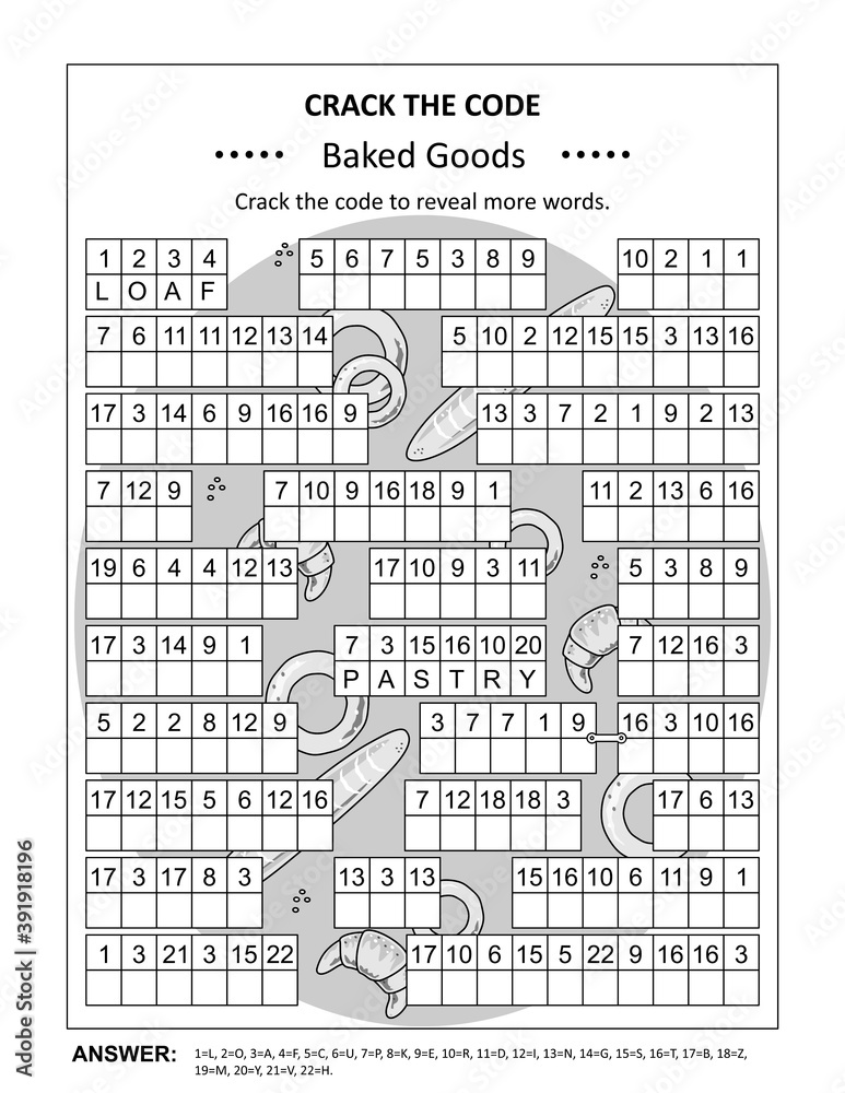 Crack the code word game, or codebreaker word puzzle, with various baked  goods words and phrases. Answer included. Stock Vector