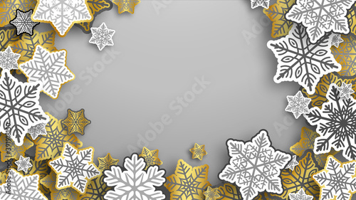 Abstract grey background with white and gold snowflakes in papercut style . Christmas and new year wallpaper . 
