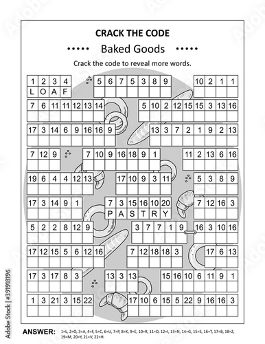 Crack the code word game, or codebreaker word puzzle, with various baked goods words and phrases. Answer included.
