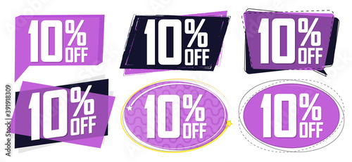 Set Sale 10% off banners, discount tags design template, promo app icons, vector illustration