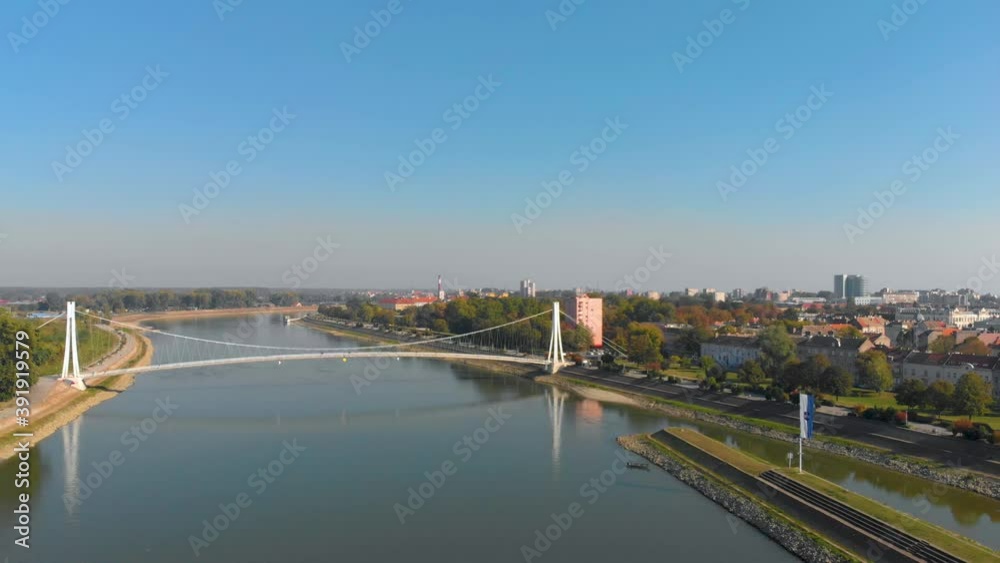 Pedestrian Bridge Osijek Spanning the Drava River in Croatia. Aerial Pedestrian Bridge Osijek Spanning the Drava River in Croatia. Aerial