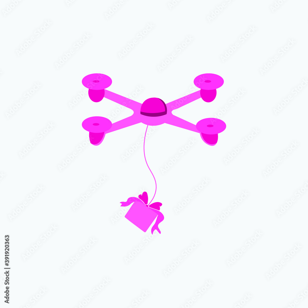 Drone quadcopter in Pink color with a gift Box Modern Flat illustration