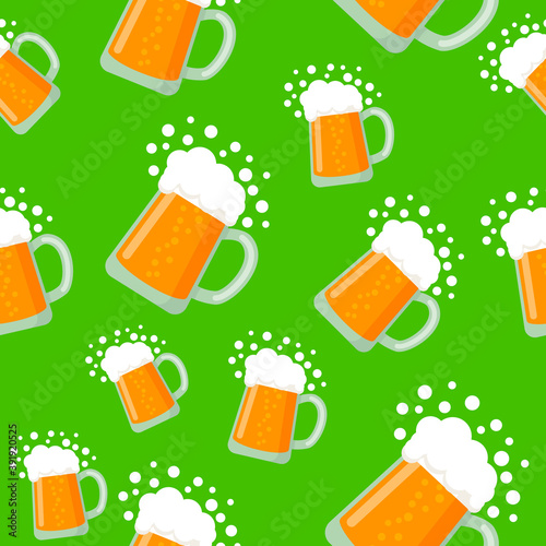 Beer seamless pattern on color background. Repeating glass of beer in flat style. Oktoberfest. Design for wallpapers, fabrics, gift wrapping papers, textiles, web design. Vector illustration.
