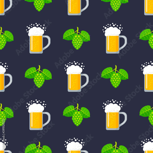 Beer seamless pattern on color background. Repeating glass of beer and hops in flat style. Oktoberfest. Design for wallpapers, fabrics, gift wrapping papers, textiles, web design. Vector illustration.
