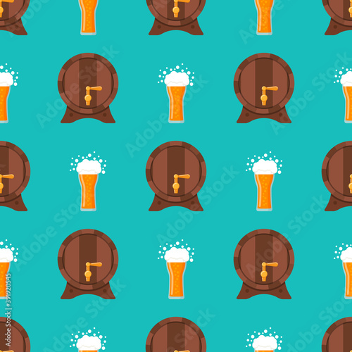 Beer color seamless pattern. Repeating glass of beer and wooden barrel in flat style. Oktoberfest. Design for wallpapers, fabrics, gift wrapping papers, textiles, web design. Vector illustration.