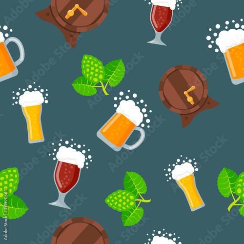 Beer color seamless pattern. Different glasses of beer, wooden barrel and hops in flat style. Oktoberfest. Design for wallpapers, fabrics, gift wrapping papers, textiles, web. Vector illustration.