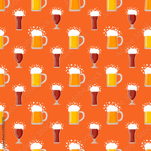 Beer color seamless pattern. Repeating different glasses of beer in flat style. Oktoberfest. Design for wallpapers, fabrics, gift wrapping papers, textiles, web design. Vector illustration.
