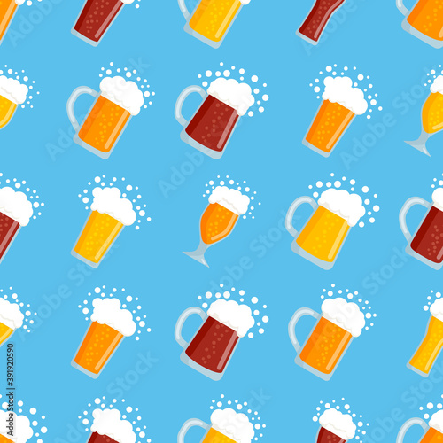 Beer color seamless pattern. Repeating different glasses of beer in flat style. Oktoberfest. Design for wallpapers, fabrics, gift wrapping papers, textiles, web design. Vector illustration.