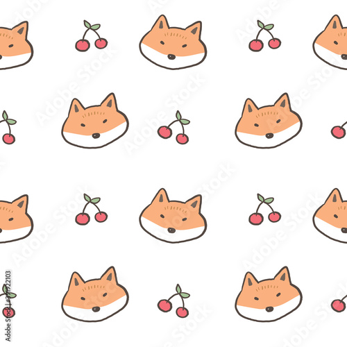Seamless Pattern with Cartoon Fox Face and Cherry Design on White Background
