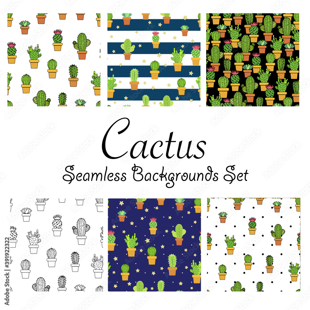 Cactus and succulent pots handmade cartoon illustration pattern collection,  diferent seamless patterns set, vector illustration