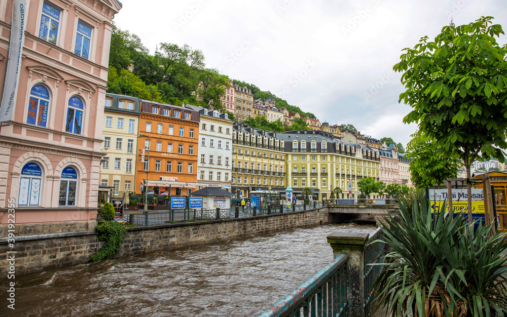 River and embankment in the center of Karlovy Vary in Czech Republic