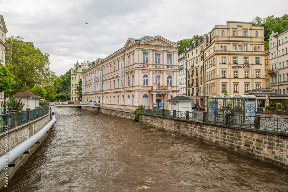 View of the embankment and the Tepla river in Karlovy Vary in the Czech Republic
