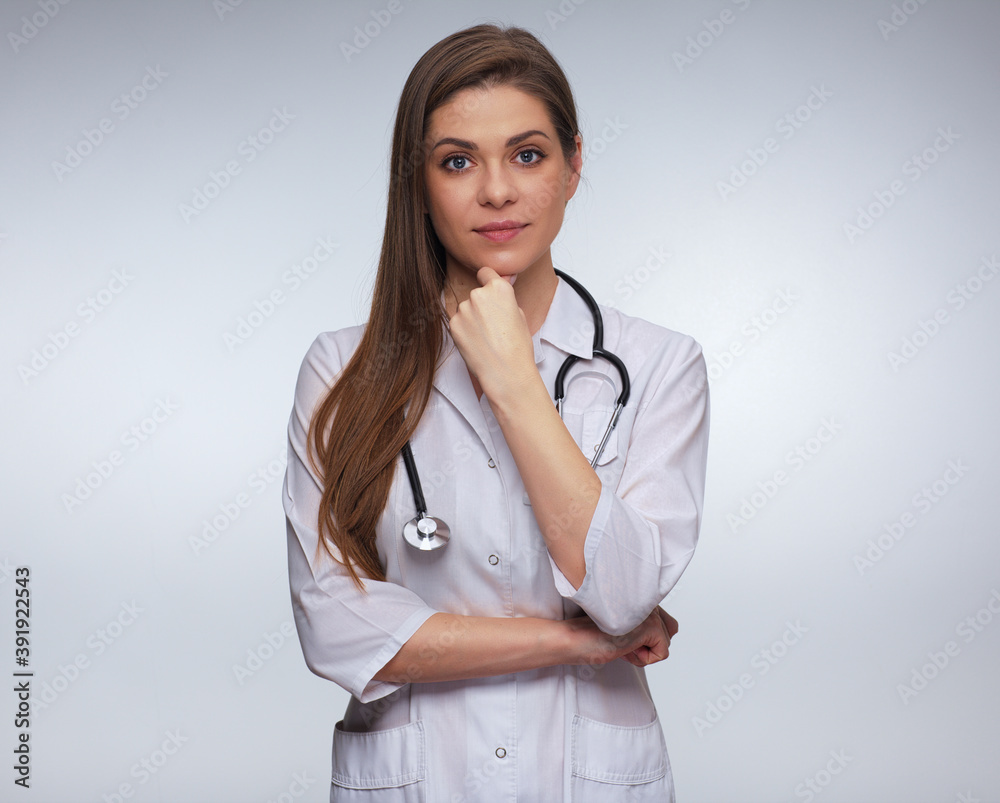 Woman doctor touching her face isolated portrait Woman doctor touching her face isolated portrait