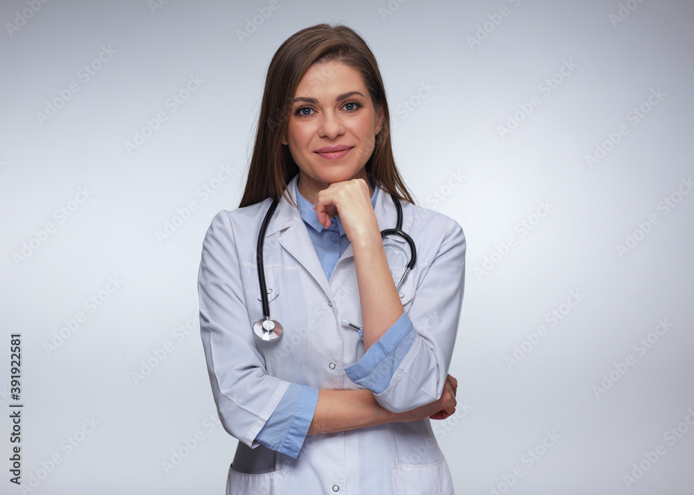 Young woman doctor dressed white medical uniform. Young woman doctor dressed white medical uniform.