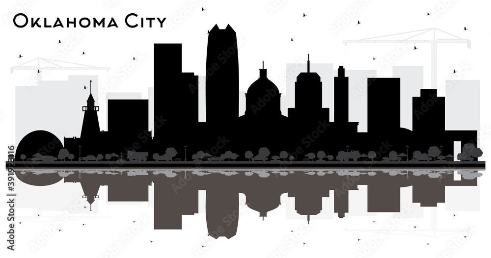 Oklahoma City Skyline Silhouette with Black Buildings and Reflections Isolated on White.