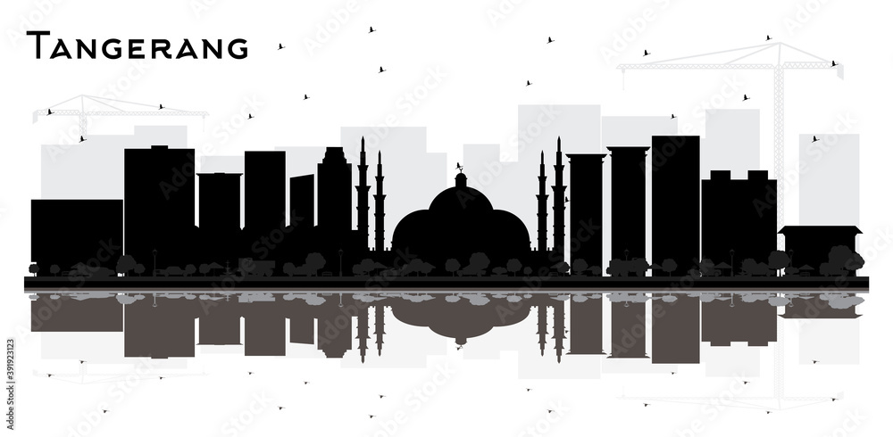Tangerang Indonesia City Skyline Silhouette with Black Buildings and Reflections Isolated on White.
