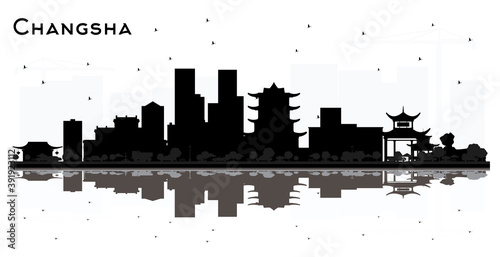 Changsha China City Skyline Silhouette with Black Buildings and Reflections Isolated on White.