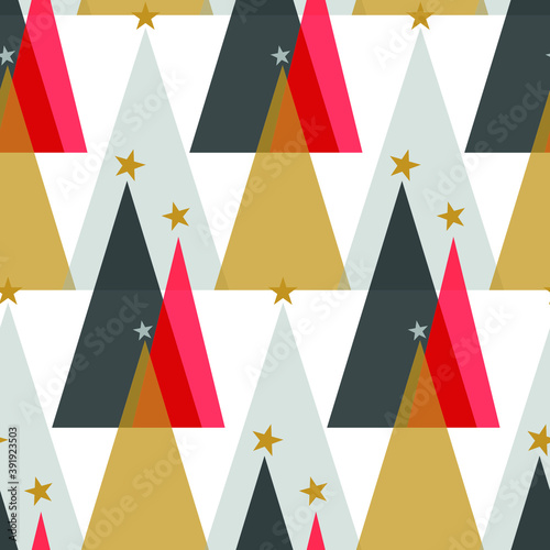 Seamless geometric pattern with the image of Christmas trees  balls and stars. Winter magic forest. Vector design for holiday web banner  business presentation  brand package  fabric  print  wallpaper
