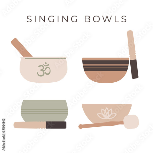 Tibetan singing bowls. Set of four diffenent forms of healing bowls isolated on white backgrond. Vector flat illustration