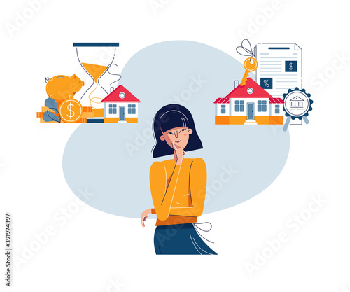 Mortgage or Savings choice concept. Woman decides between saving money for a long time and real estate buying. Piggy bank, hourglass. Saving coins or big house buying. Flat design vector illustration