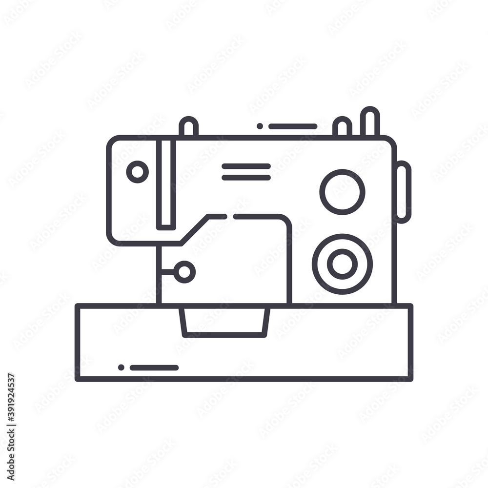 Sewing machine image icon, linear isolated illustration, thin line vector, web design sign, outline concept symbol with editable stroke on white background.