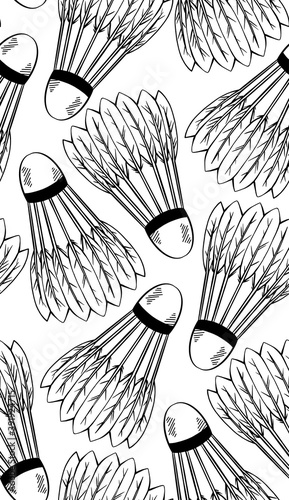 Seamless pattern with a sketch of shuttlecocks for playing badminton on white background. Sports equipment. Vector black and white texture with strokes for fabric, wallpaper, wrapping paper
