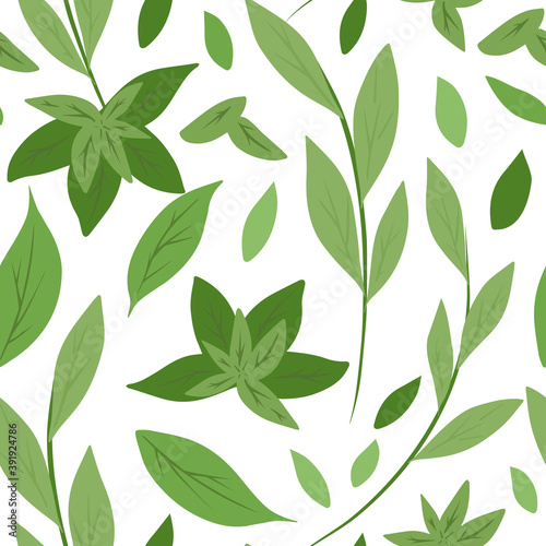 Seamless pattern with simple green leaves and branches on a white background. Herbal natural background. Green tea and mint. Vector flat hand drawn texture for fabrics, wallpapers and your design.